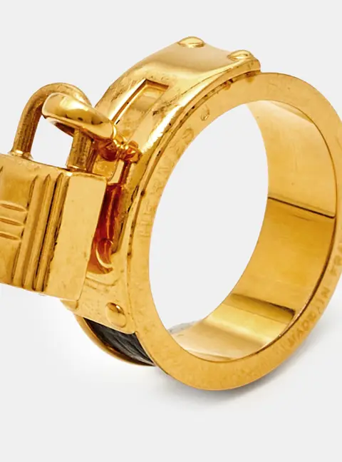 Herm&egrave;s Kelly Cadena Leather Gold Tone Scarf Ring