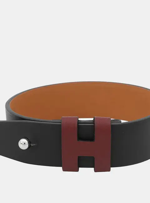 Hermes H Leather Size T4 Black Red Silver Tone Metal Stud Closures Bracelet