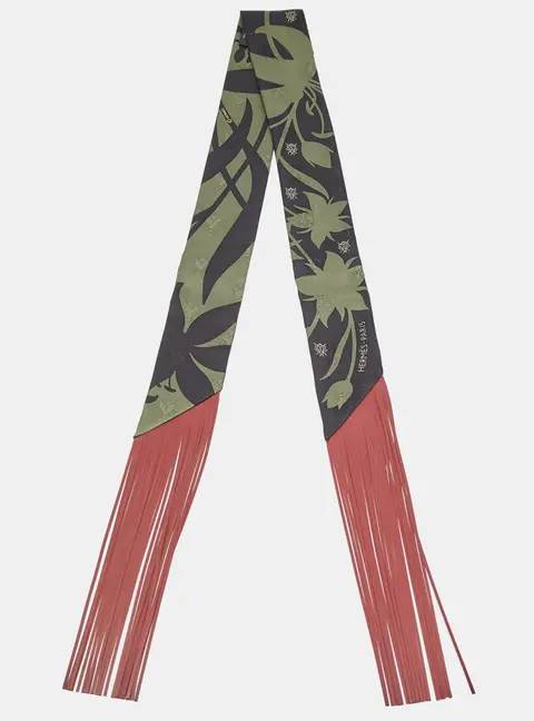 Herm&egrave;s Green Bouquet Final Abeille Silk and Leather Fringe Twilly