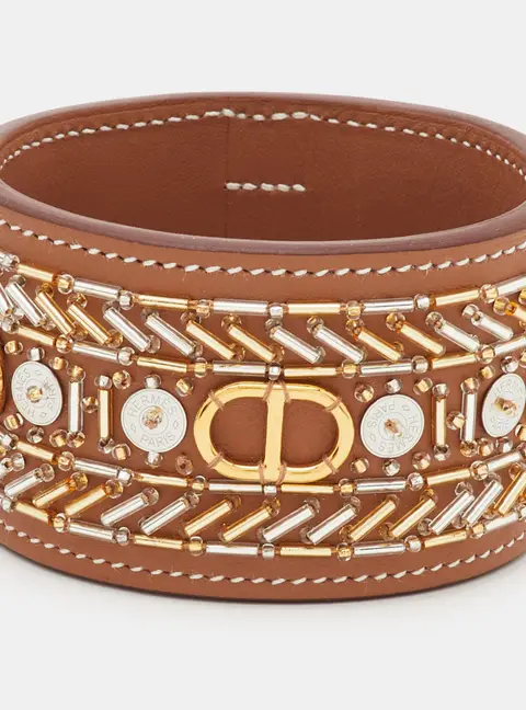Herm&egrave;s Beads Leather Gold Tone Bangle Bracelet