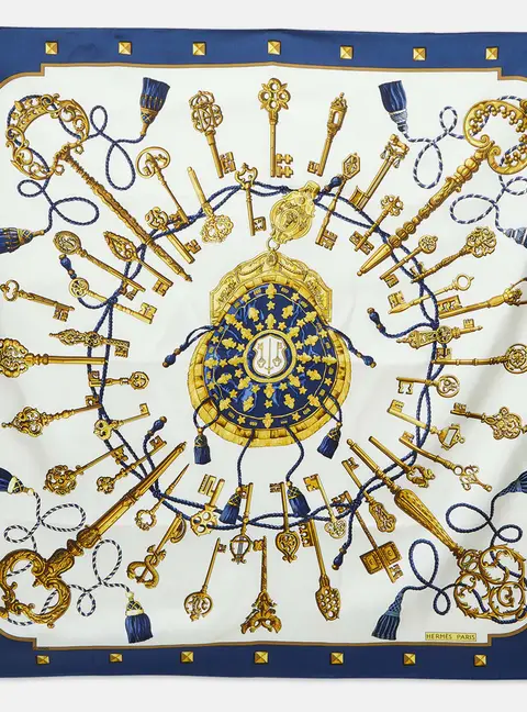 Herm&egrave;s White/Navy Blue Les Cles Silk Scarf