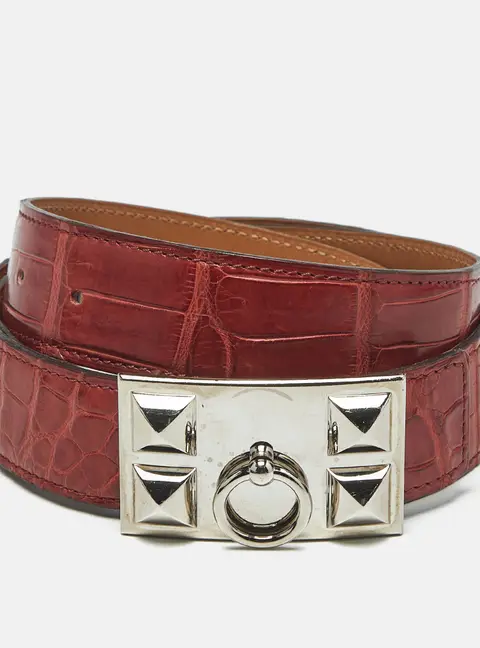 Hermes Collier De Chien Reversible Belt 85CM Geranium Crocodile Porosus