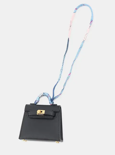 Hermes Kelly Twilly Bag Charm Black Tadelakt Leather Silk