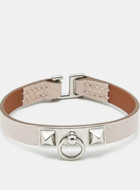 Herm&egrave;s Rivale Leather Silver Tone Bracelet