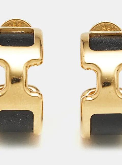 Herm&egrave;s Olympe Leather Gold Tone Hoop Earrings
