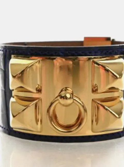 Hermes Collier de Chien S Bleu Electrique Alligator Gold Plated Bracelet