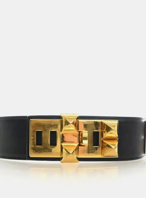 Hermes Collier de Chien 50 Size 68 Black Swift Leather Gold Plated Hardware Belt