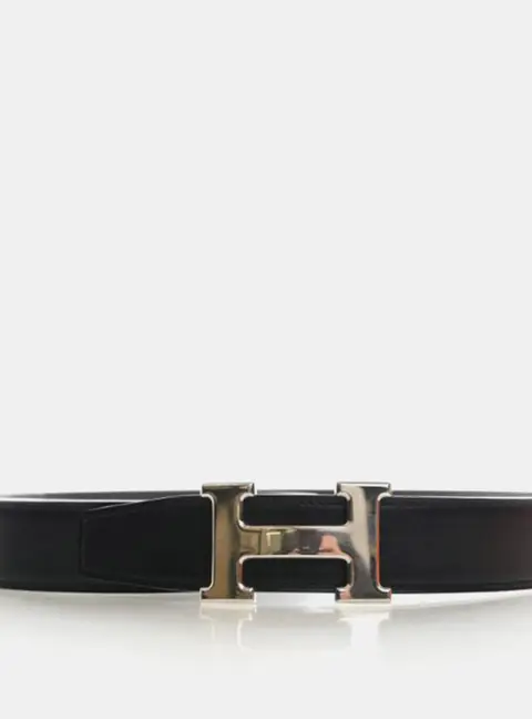 Hermes Constance 105 Black Box Calfskin Leather Palladium Plated Metal Reversible Belt