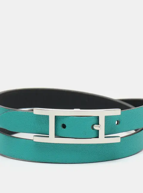 Herm&egrave;s Behapi Green/Black Leather Reversible Double Tour Bracelet S