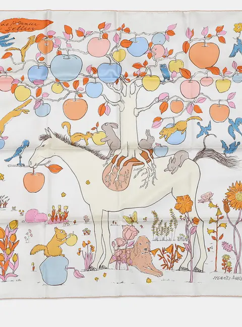 Hermes Carre 90 Le Pommier Sellier Size 90 White/Blue Glacier/Apricot Silk100%
