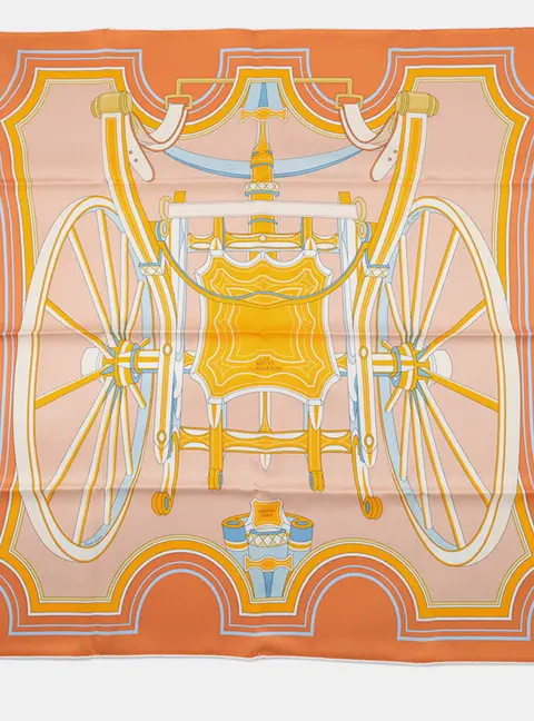 Hermes Carre Les Roues De Phaeton (Wheels Of A Four-Wheeled Carriage) Size 70 Orange Cui / Poodle / Soleil Silk100%