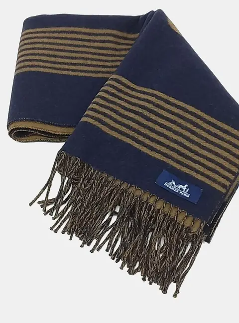 Hermes Brown/Navy Blue Cashmere Scarf