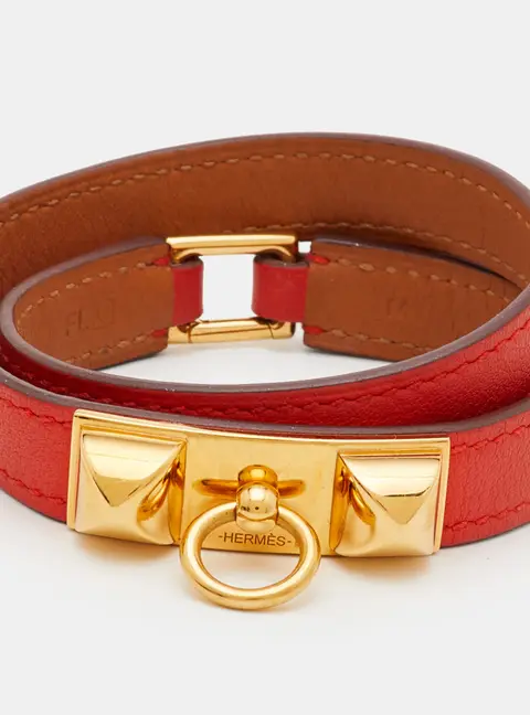 Herm&egrave;s Rivale Leather Gold Tone Double Tour Bracelet