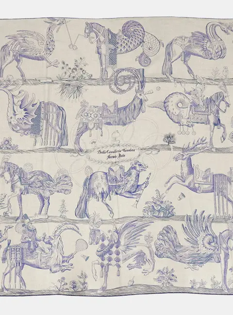 Hermes Carre Jean Della Cavalleria Favolosa Size 140 White / Blue Jean / Lavender Cashmere Silk