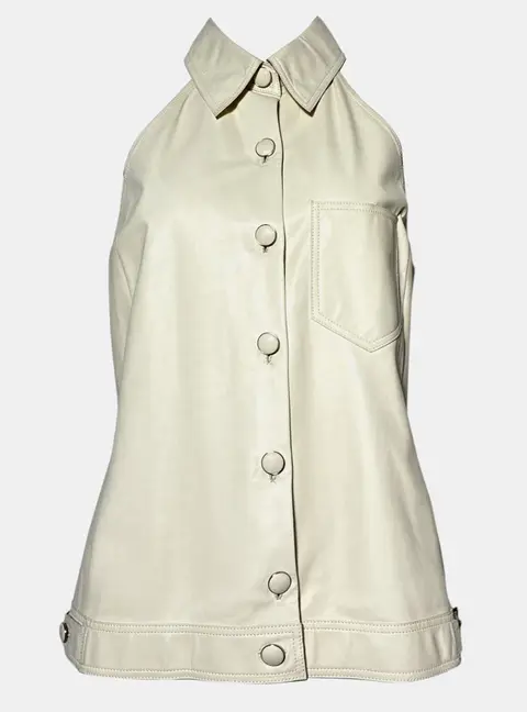 Hermes Ivory Leather Buttoned Collar Sleeveless Shirt Size M