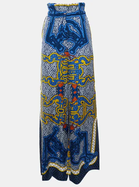 Herm&egrave;s Multicolored "Tapis de Selle" Print Silk-Crepe Wide-Leg Trouser M