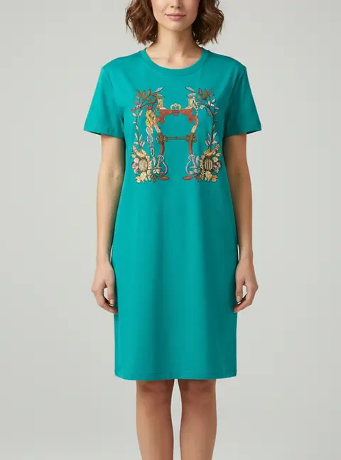 Hermes Teal Della Cavalleria Graphic Jersey T-Shirt Dress L