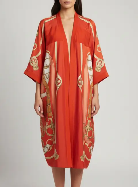 Herm&egrave;s Orange Cavalcadour Print Silk and Knit Trim Cardigan L