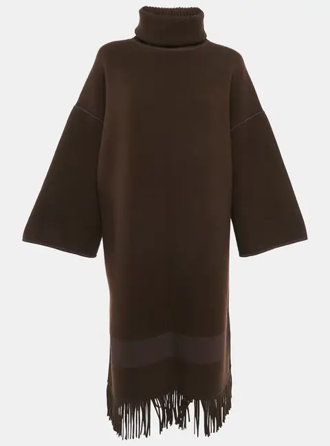 Hermes Brown Wool Knit Fringed Turtle-Neck Poncho Coat M