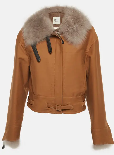 Herm&egrave;s Brown Fur Collar Cotton Zip-UP Jacket M