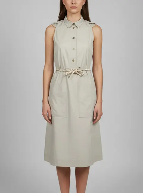 Herm&egrave;s Grey Cotton Belted Sleeveless Shirt Dress S