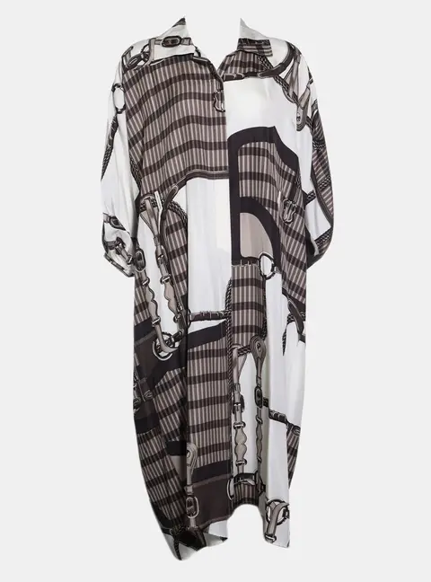 Hermes 2025 'Coaching Remix' Brown/White Silk Kaftan XS