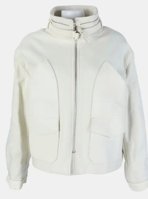 Herm&egrave;s White Leather-Trimmed Zip-Up Jacket Size FR 38