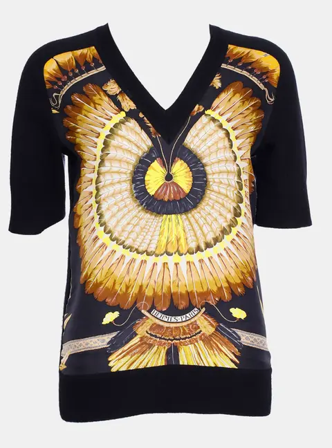Hermes Black Twillane with Yellow silk Print Top FR 34