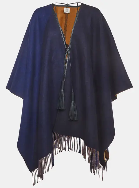 Herm&egrave;s Navy Blue/Beige Wool Blend Tassel Trim Poncho One Size