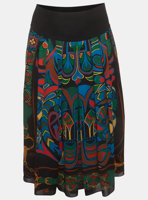 Hermes Multicolor Printed Crepe Pleated Midi Skirt L