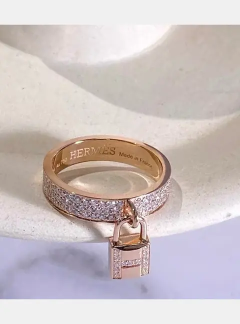 Hermes Clochette Lock Ring 18K Rose Gold Diamond Set Size 55