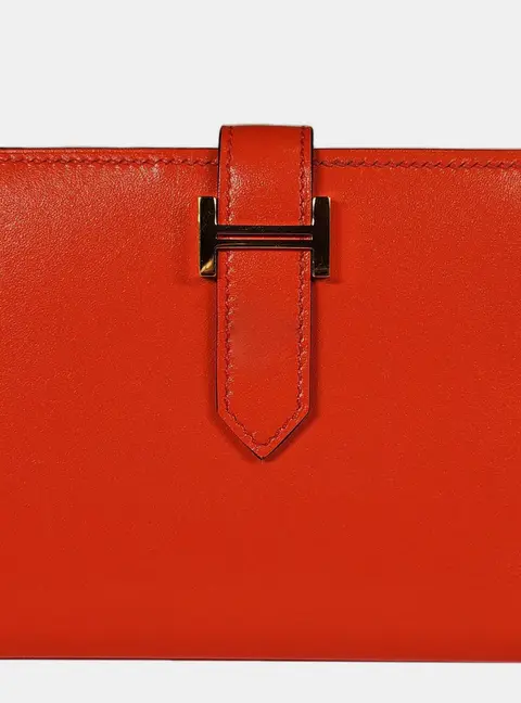 Hermes Bearn Compact Orange Poppy Tadelakt Leather Wallet