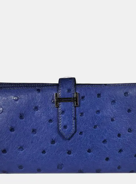 Hermes Bearn Blue Ostrich Leather Wallet