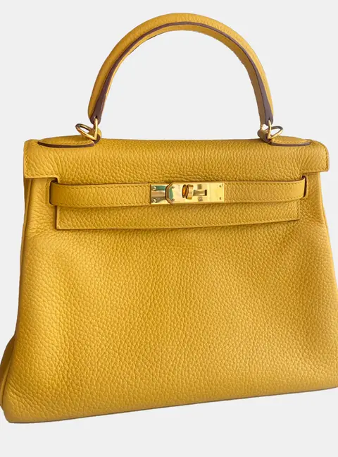 Hermes Kelly 28 Amber Yellow Togo Calfskin Leather Top Handle Bag