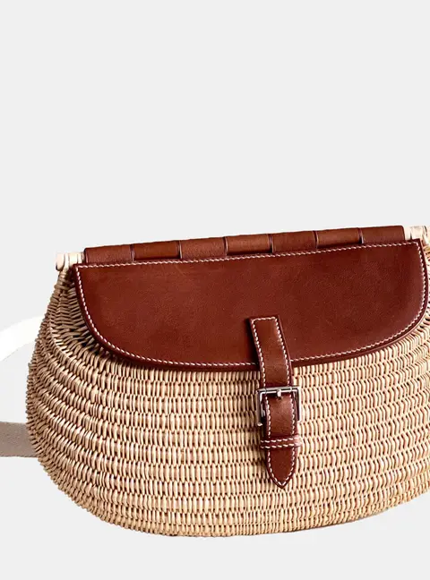 Hermes Panier de Peche Beige Woven Rattan Brown Leather Shoulder Bag