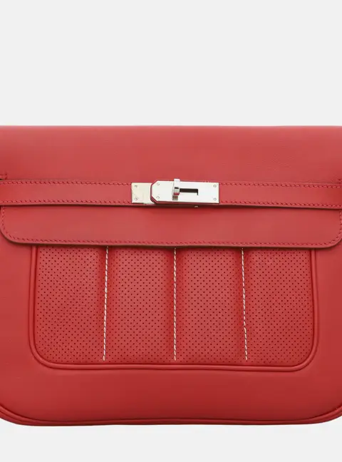 Hermes Berline 28 Rouge Casaque Evercolor Perforated Leather Shoulder Bag