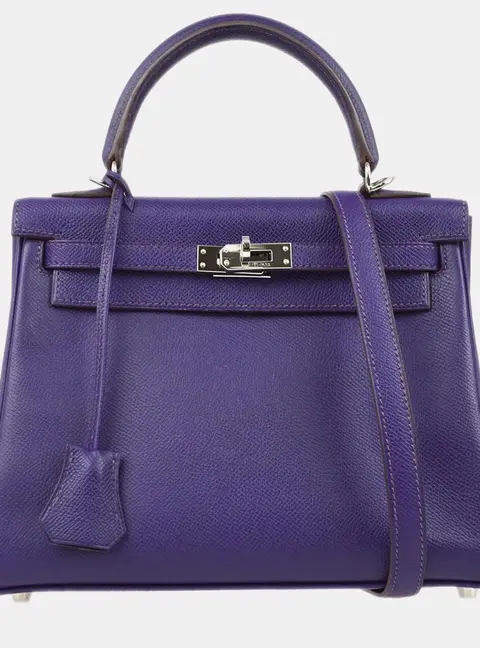 Hermes Kelly 25 Retourne Violet Epsom Leather Top Handle Bag