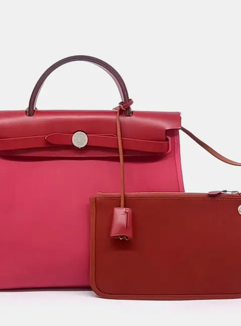 Hermes Herbag Zip Retourne PM Rouge Sellier Barenia Calfskin Leather Toile Canvas Top Handle Bag