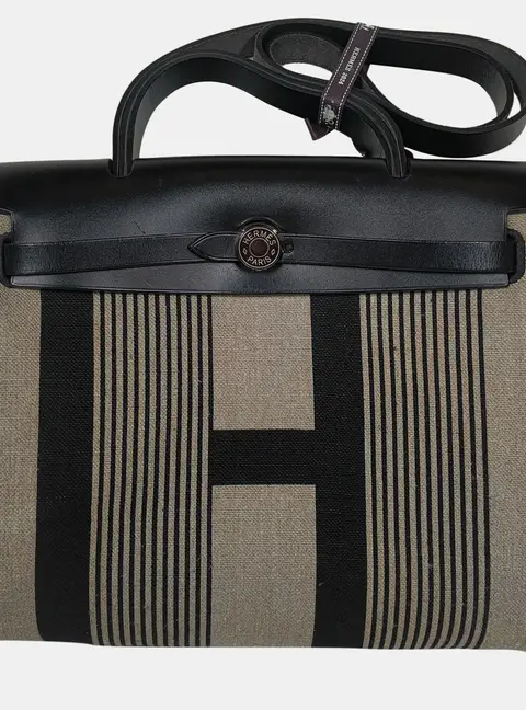 Hermes Herbag Zip Retourne 31 Black Grey Vache Hunter Leather Canvas Top Handle Bag