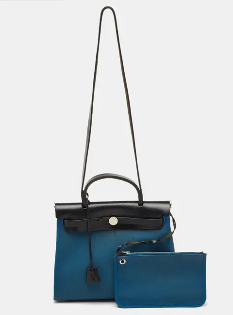 Herm&egrave;s Bleu Frida/Black Toile Canvas and Vache Hunter Herbag Zip 31 Bag