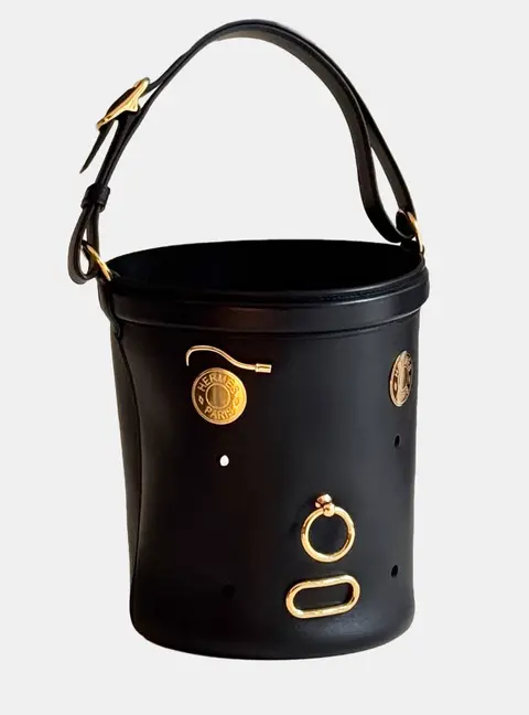 Hermes Limited Edition Sac Mangeoire Play Bucket Black Tadelakt Leather Bucket Bag