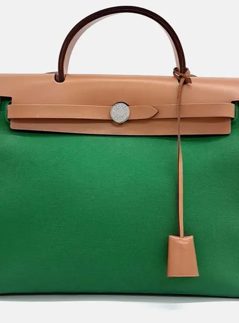 Hermes New Herbag Small Green Canvas Leather Top Handle Bag