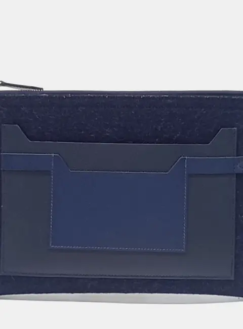 Hermes Todo 29 Navy Blue Wool Leather Clutch Bag