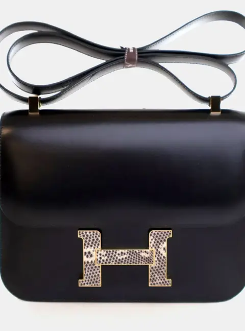 Hermes Constance 24 Black Box Calfskin Leather Lizard Shoulder Bag