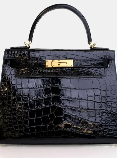 Hermes Kelly Sellier 28 Noir Alligator Leather Top Handle Bag