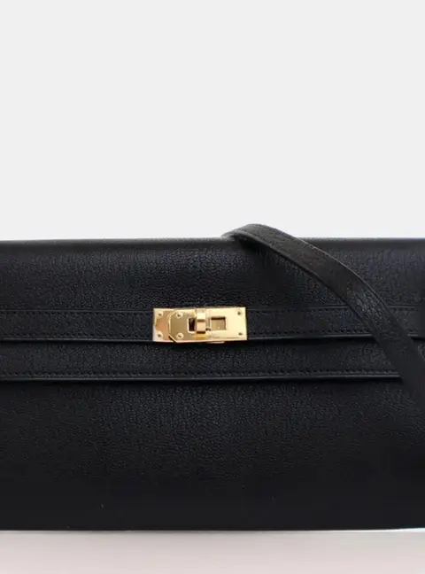 Hermes Kelly To Go Wallet Noir Chevre Mysore Leather Shoulder Bag