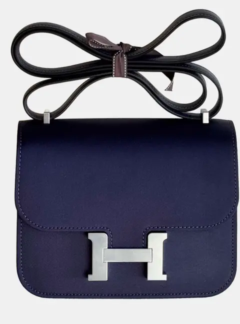 Hermes Constance 19 Deep Sea Blue Silk Canvas Shoulder Bag