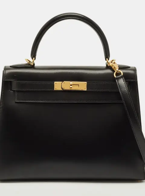 Hermes Kelly Sellier 28 Gold Finish Noir Box Leather Top Handle Bag