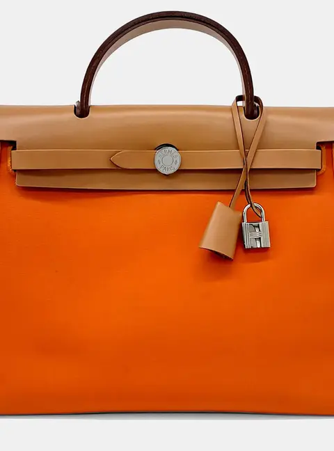 Hermes Herbag Zip Retourne 31 Orange Sable Vache Hunter Leather Canvas Top Handle Bag