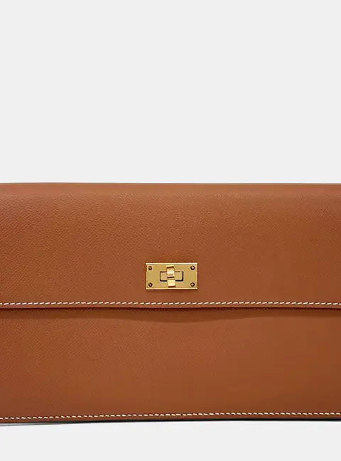 Hermes Kelly Pocket Long Wallet Brown Chevre Mysore Leather Wallet Bag